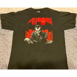 Joker DC comics  Graphic T-Shirt Batman Bat Signal Size Large. Worn. Faded Black